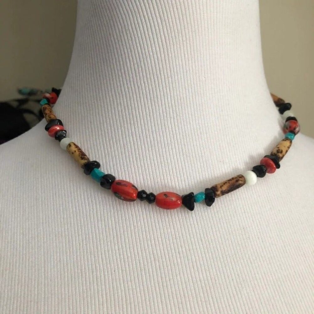 Chip Stone Wood Look Beaded Necklace